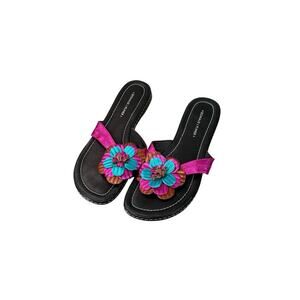 Donald J Pliner Pink Blue Metallic Leather Flower Flip Flops Glow So Womens 9M